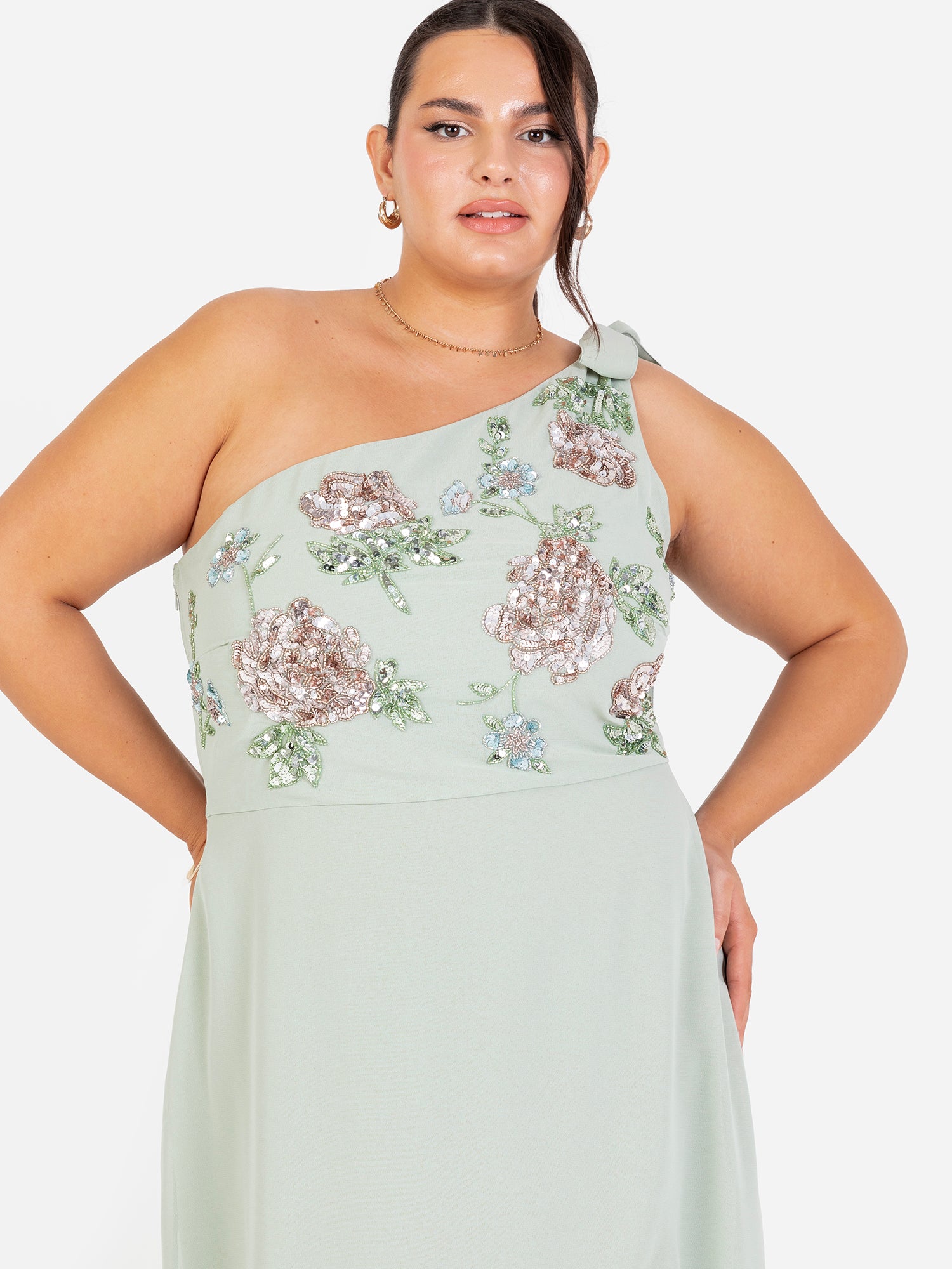 off shoulder dress with floral embellishment in frosted sage Adrianna Papell Long Beaded Off-The- Shoulder Dress In Frosted Sage 20