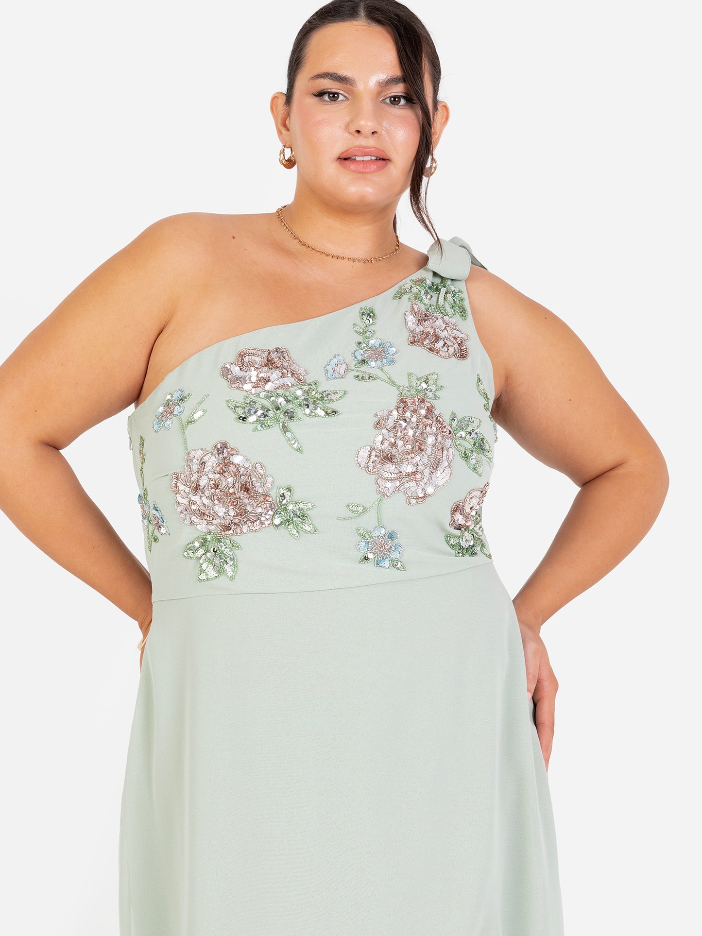 Maya Sage Green Floral Embellished Self-Tie One Shoulder Maxi Dress