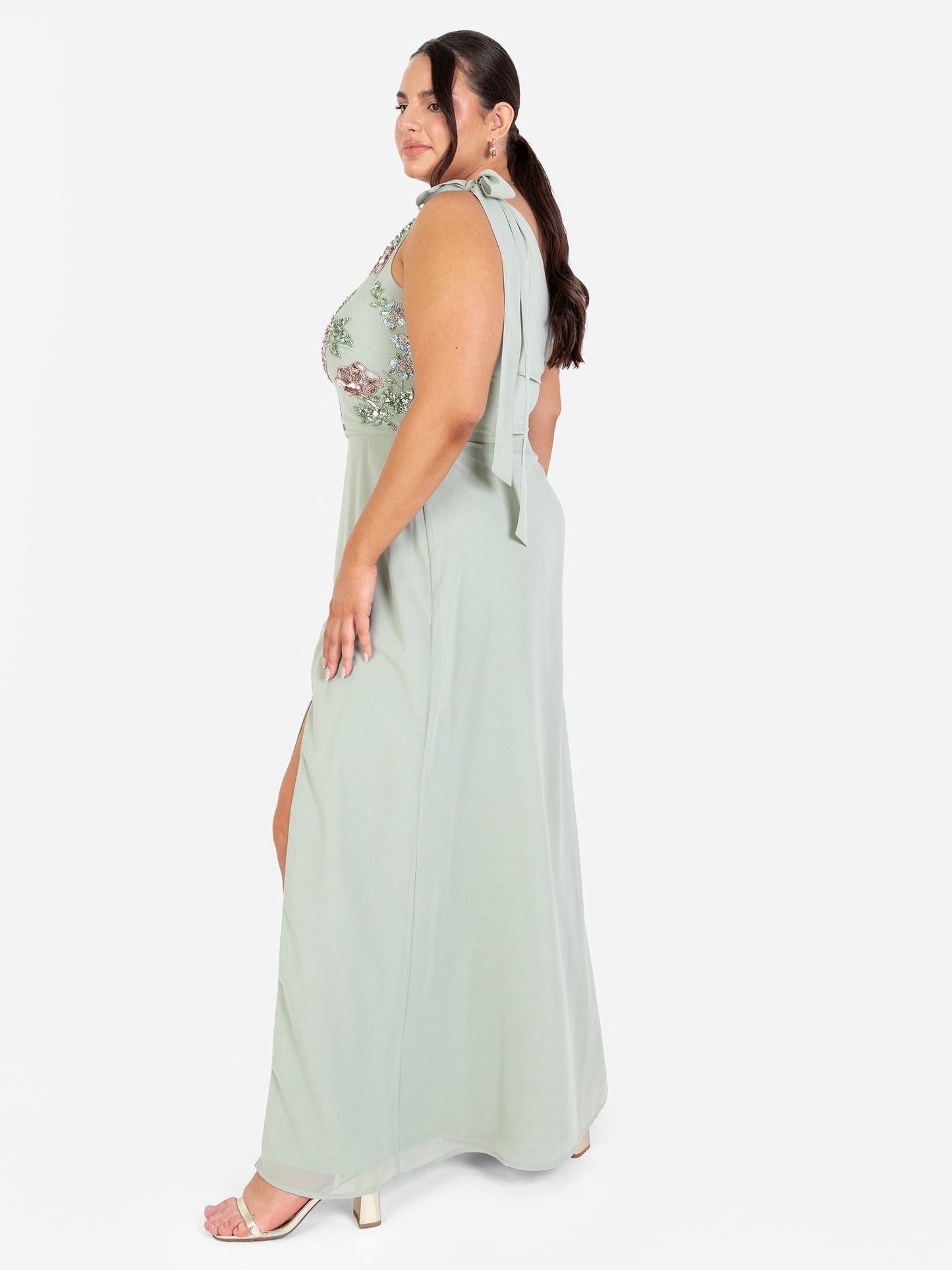 Maya Sage Green Floral Embellished Self-Tie One Shoulder Maxi Dress