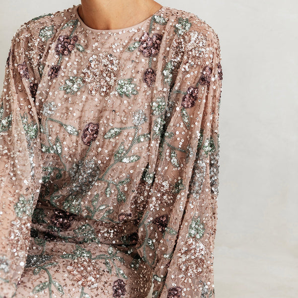 Maya Peach Fully Embellished Flared Maxi Sleeve Maxi Dress Maya Deluxe Maya Peach Fully Embellished Flared Maxi Sleeve Maxi Dress Maya Deluxe