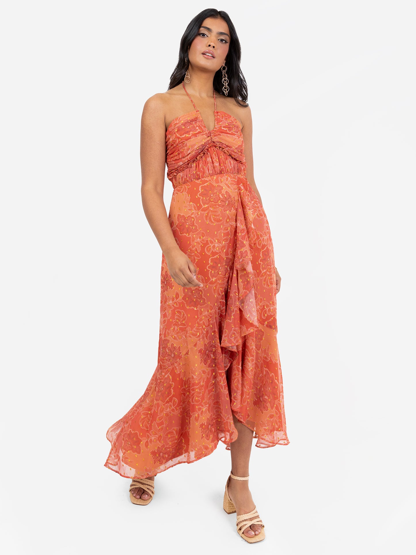 Anaya With Love Recycled Rust Halter Neck Floral Print Midaxi Dress