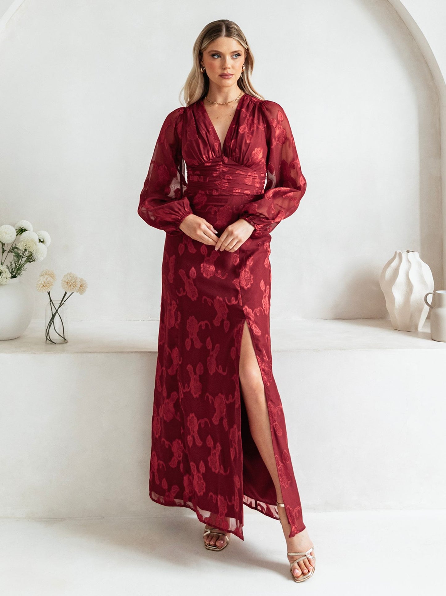Maya Deep Red Floral Jacquard Blouson Sleeve Maxi Dress