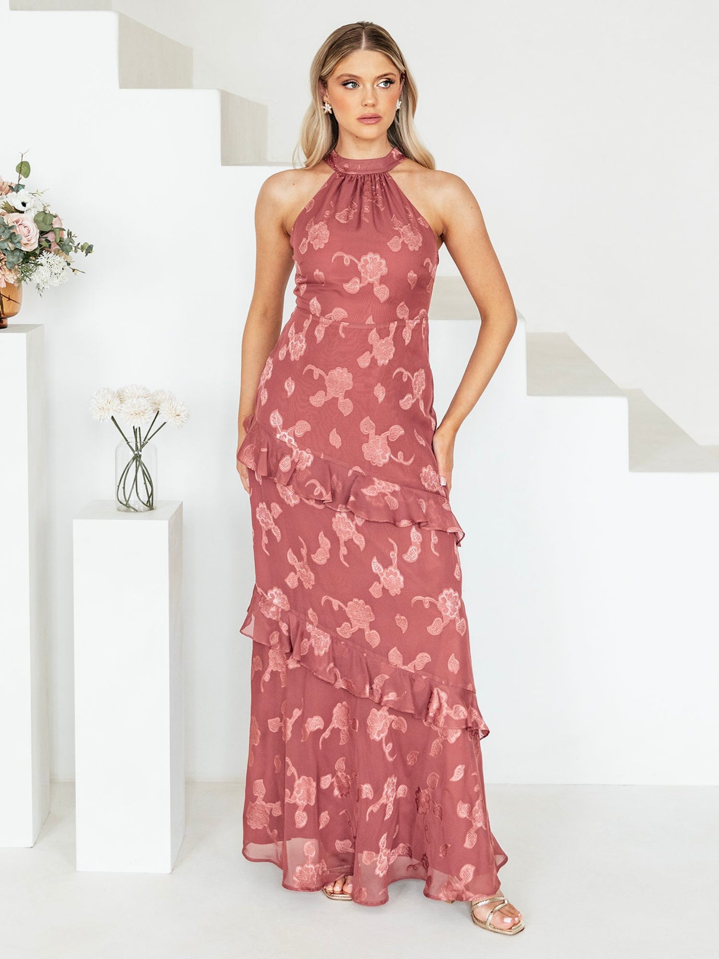 Maya Copper Rose Floral Jacquard Halter Neck Maxi Dress