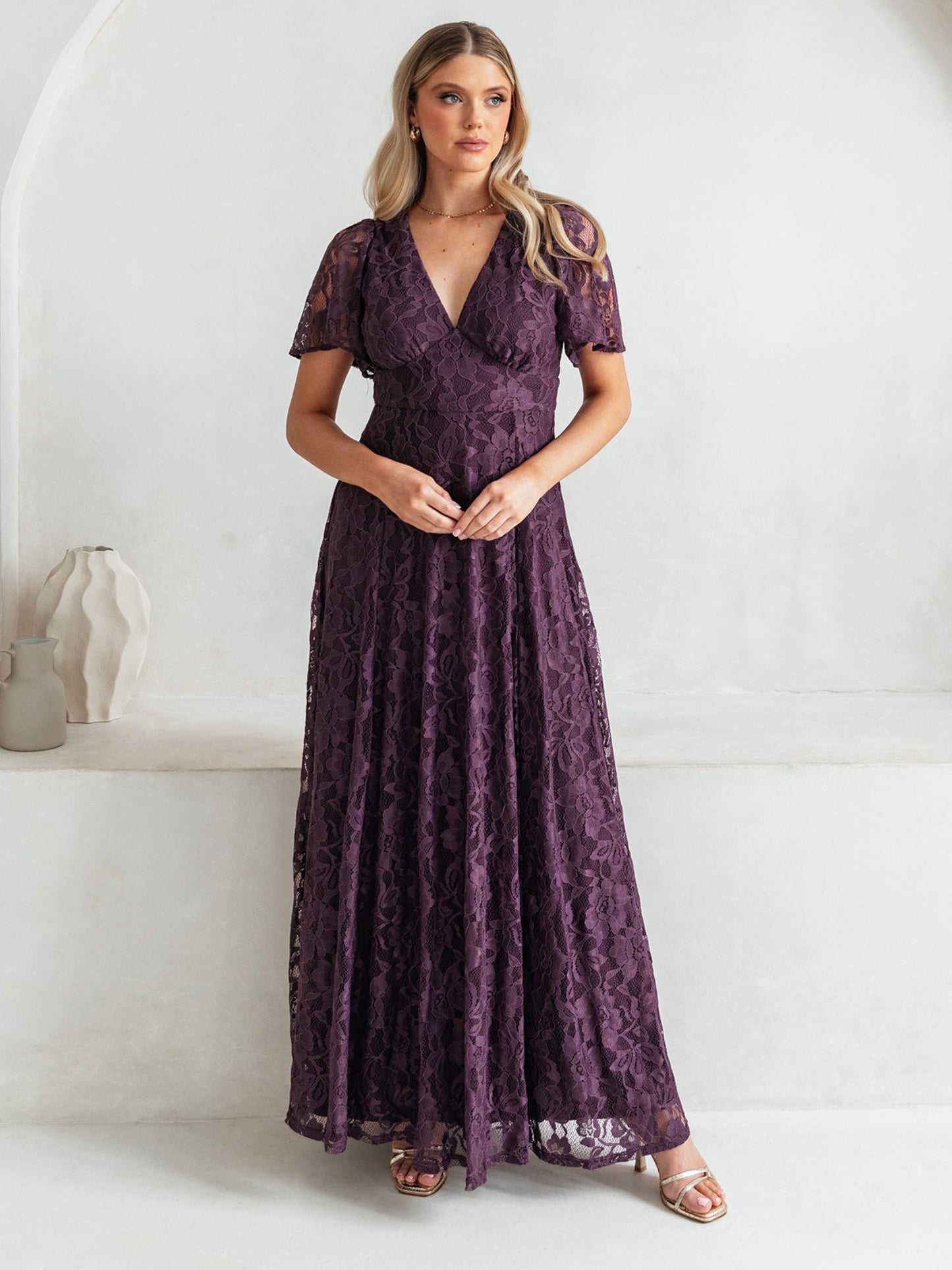Maya Berry Lace V Neck Angel Sleeve Maxi Dress