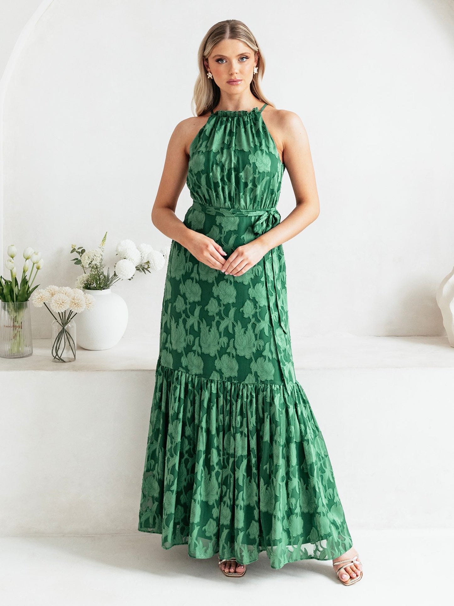 Anaya With Love Recycled Alpine Green Frilled Halter Neck Maxi Dress