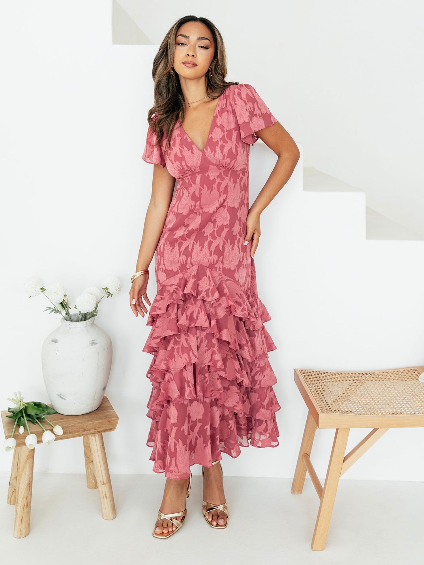 Anaya With Love Garnet Rose Floral Burnout V Neck Short Sleeve Midaxi Dress