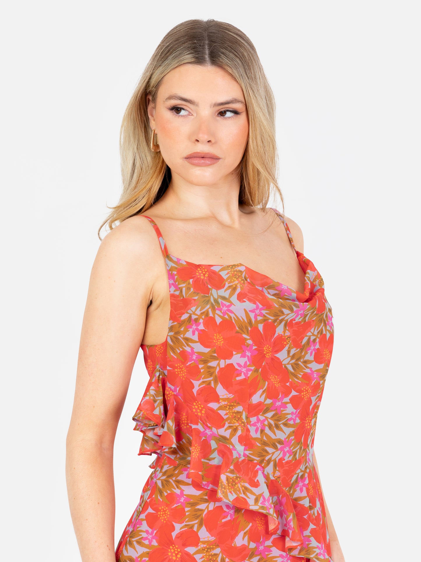 Anaya With Love Tropical Print Strappy Cowl Neck Midi Dress