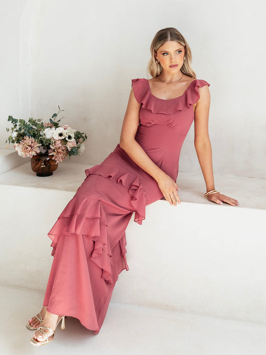 Anaya With Love Recycled Garnet Rose Ruffled Maxi Dress with Tie Back