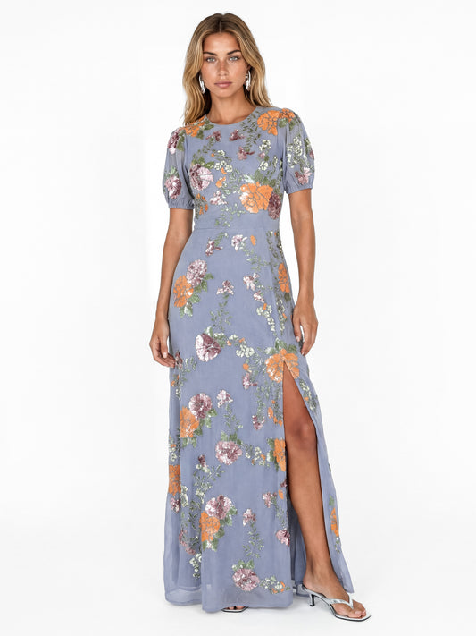 Maya Wisteria Blue Floral Embellished Puff Sleeve & Open Back Maxi Dress
