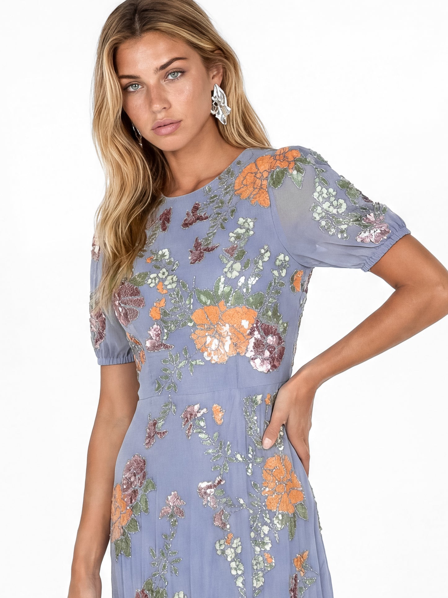 Maya Wisteria Blue Floral Embellished Puff Sleeve & Open Back Maxi Dress