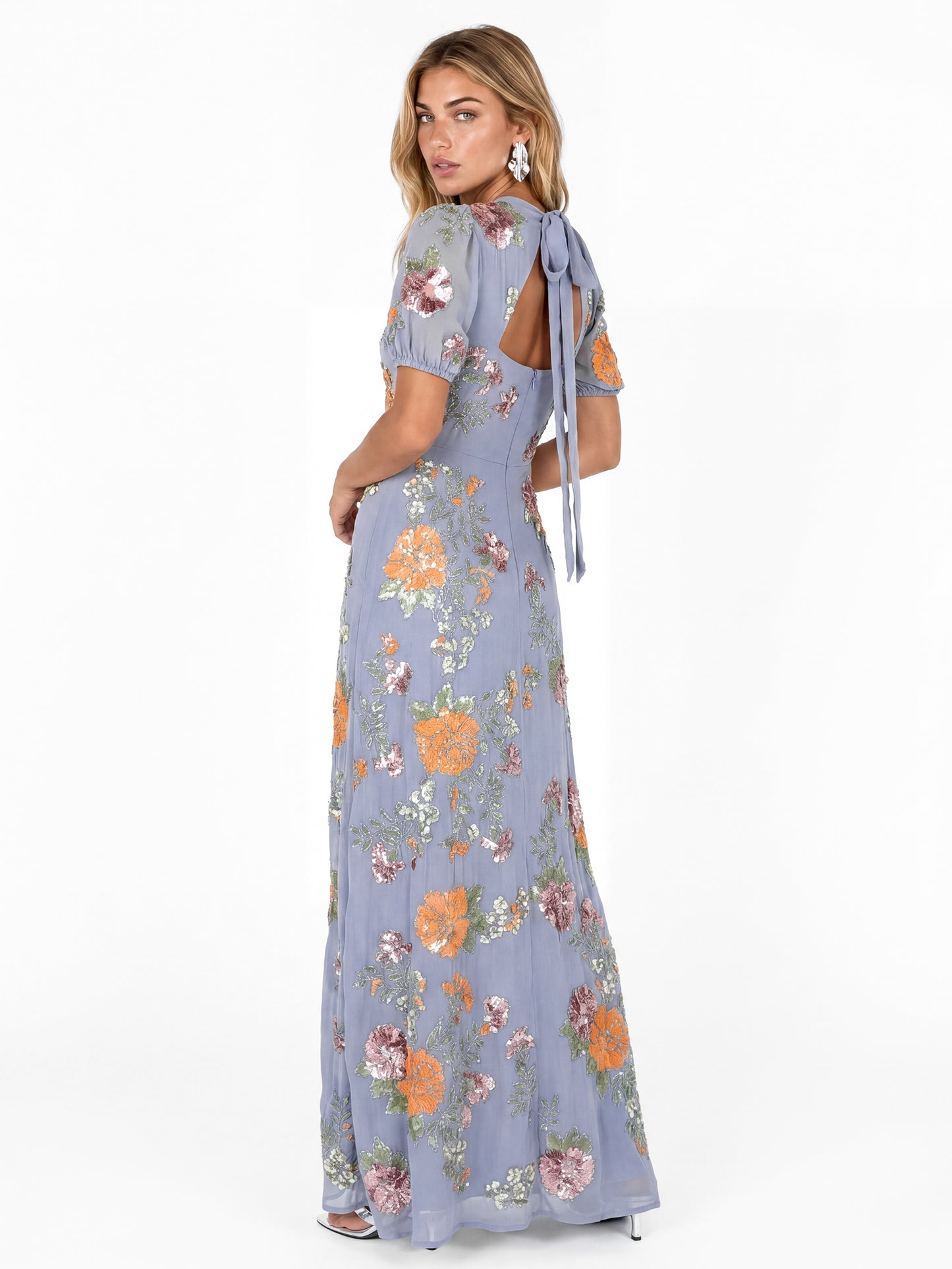 Maya Wisteria Blue Floral Embellished Puff Sleeve & Open Back Maxi Dress