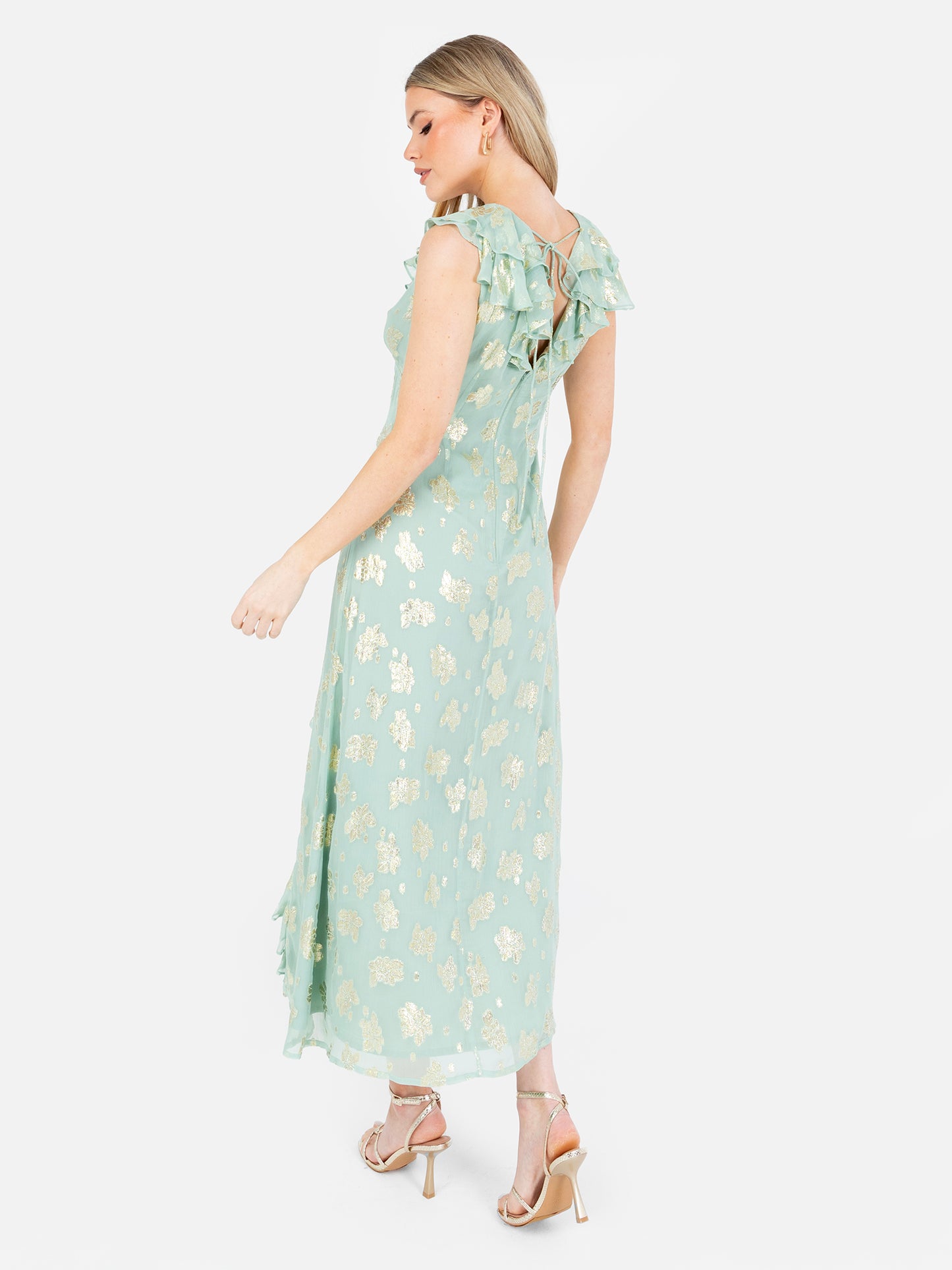 Maya Gold Floral Jacquard & Ruffle Detail Midi Dress