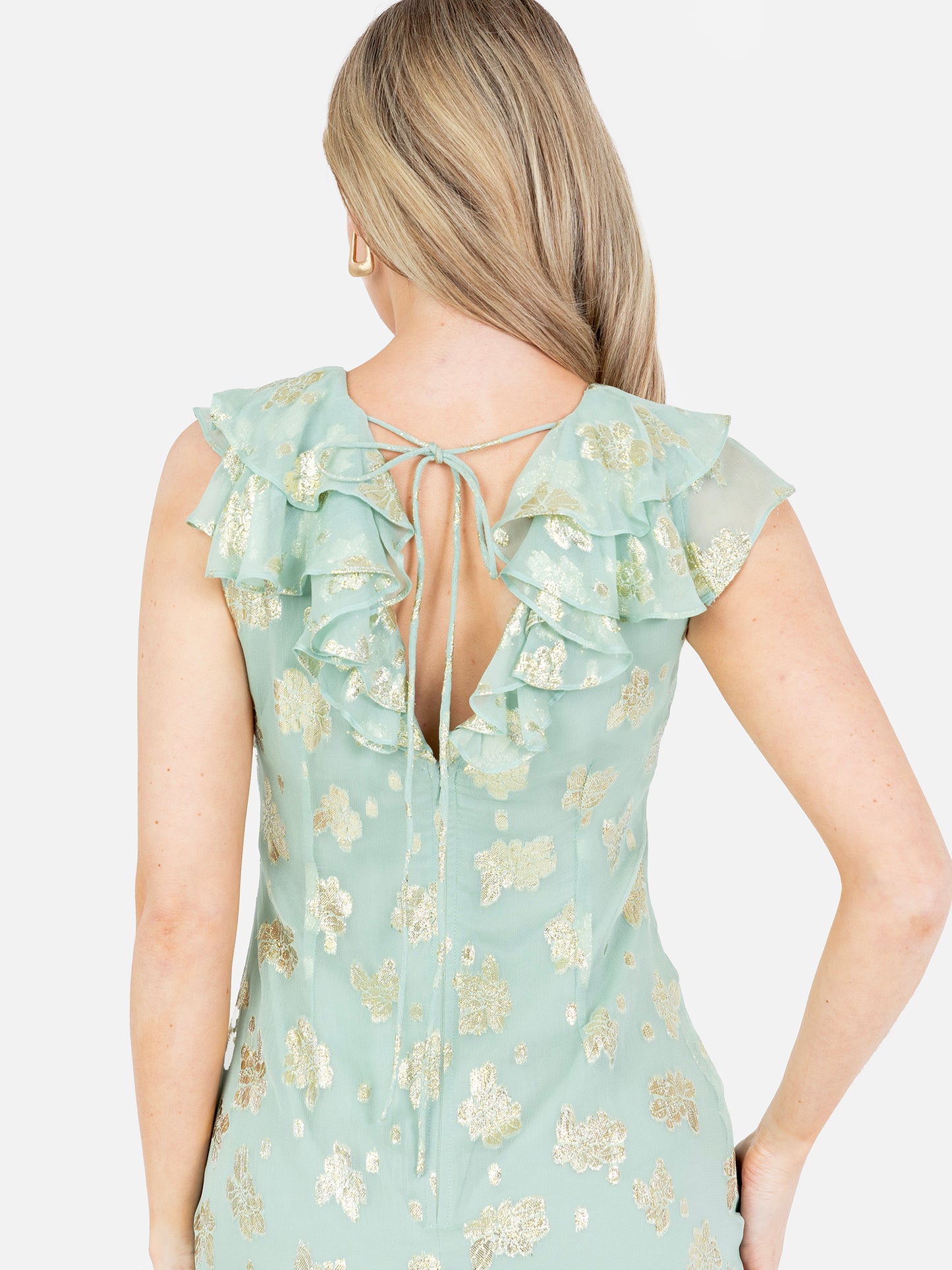 Maya Gold Floral Jacquard & Ruffle Detail Midi Dress