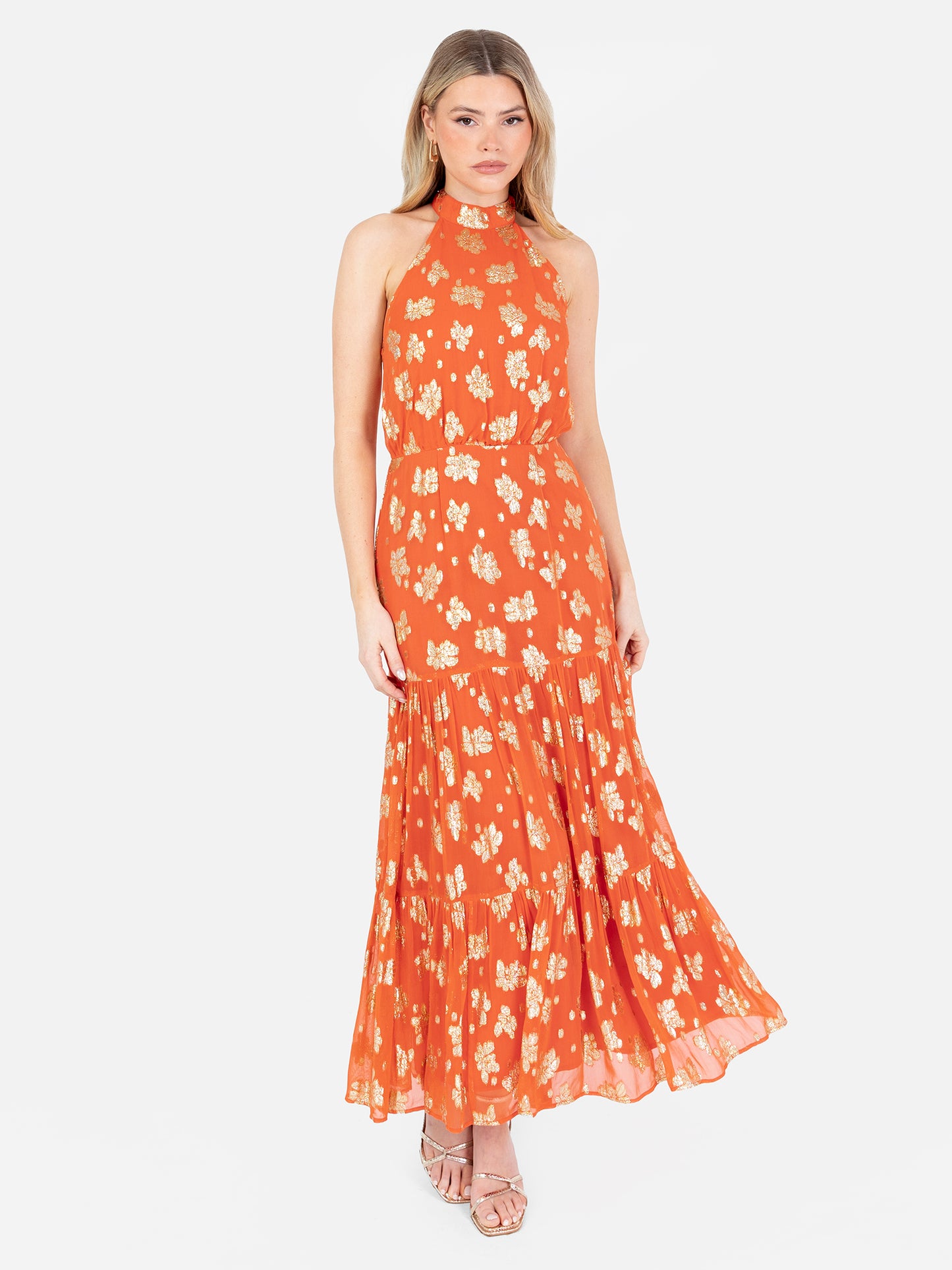 Maya Orange Floral Jacquard Halter Neck Tiered Midaxi Dress