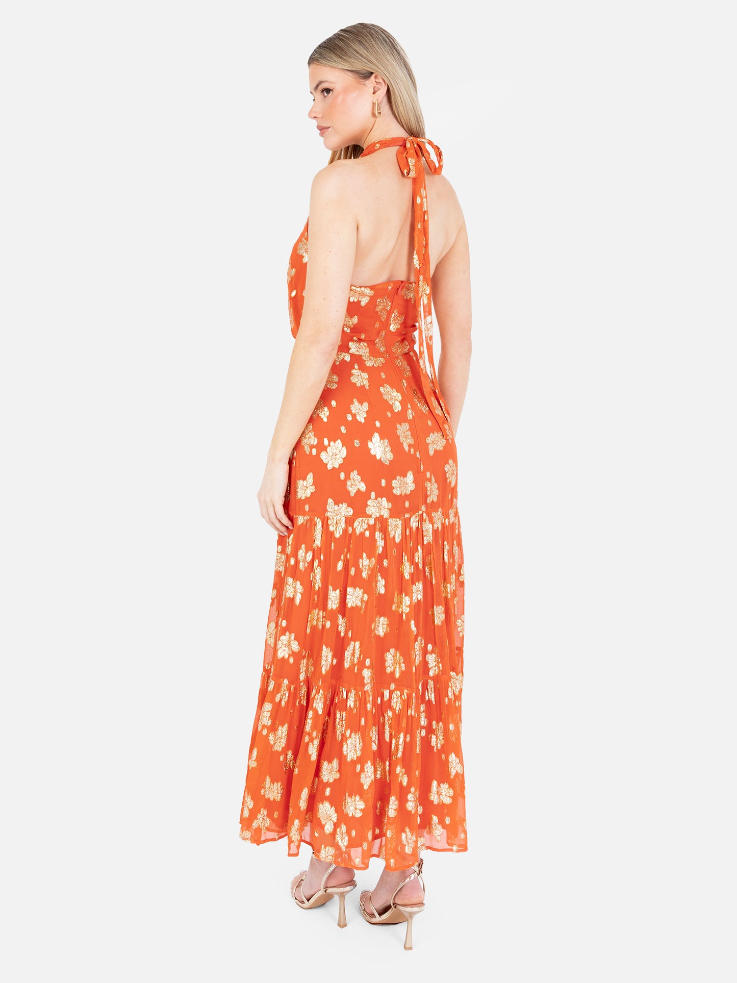 Maya Orange Floral Jacquard Halter Neck Tiered Midaxi Dress
