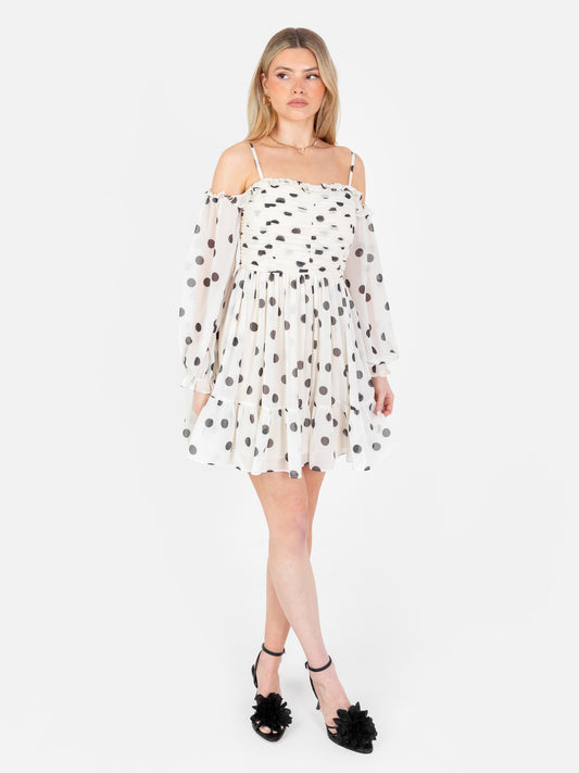 Anaya With Love Polka-Dot Bardot Long Sleeve Mini Dress