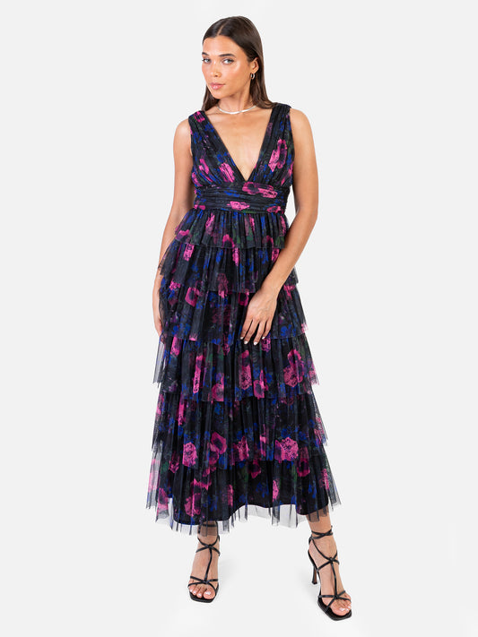 Anaya With Love Recycled Floral Plunge V Neck Tiered Tulle Midaxi Dress