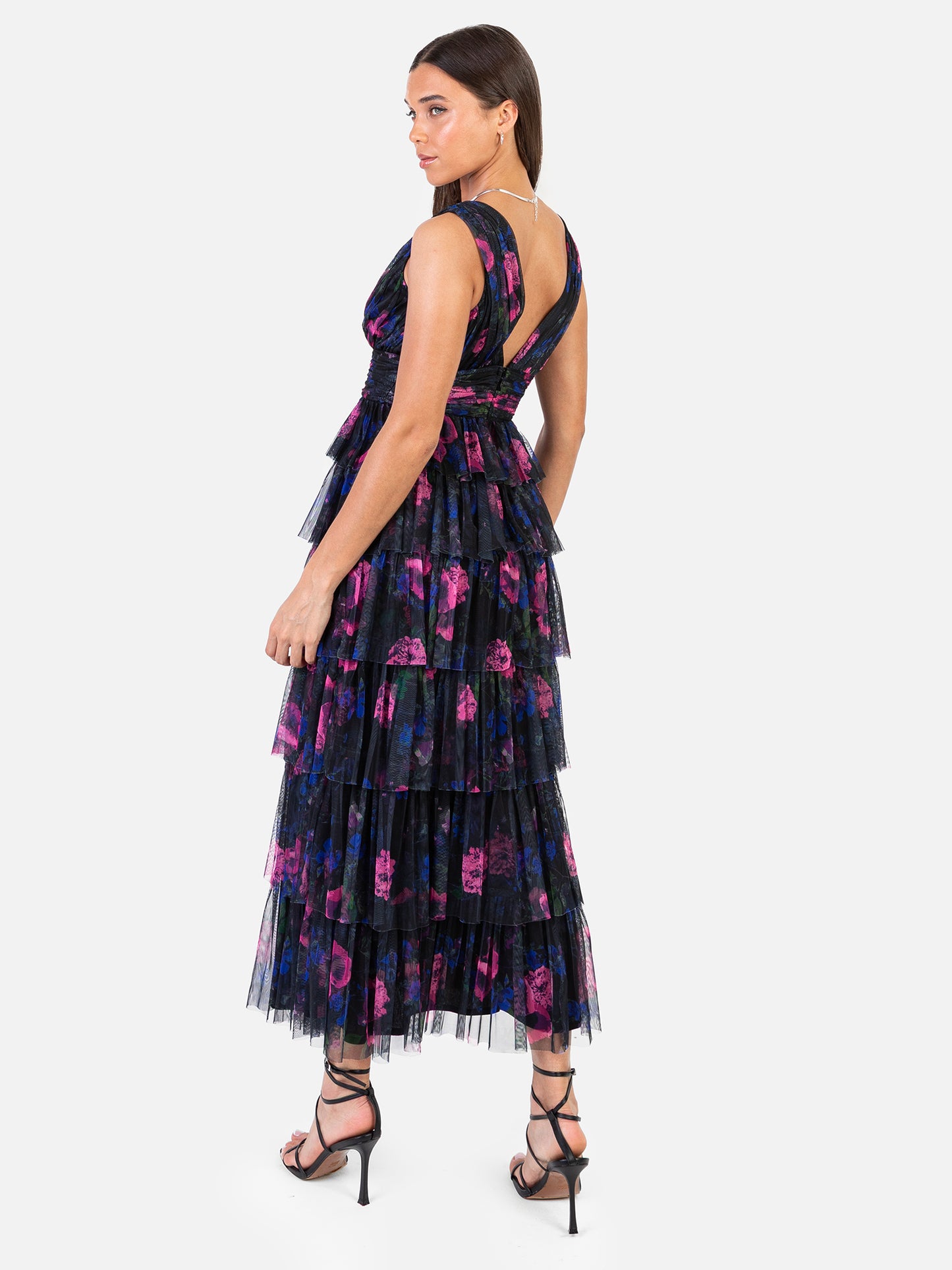 Anaya With Love Recycled Floral Plunge V Neck Tiered Tulle Midaxi Dress