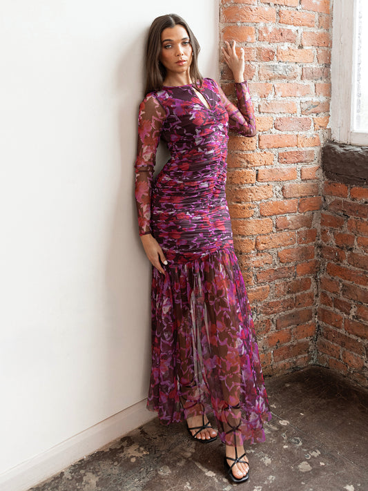 Anaya With Love Recycled Pink Floral Ruched Tulle Maxi Dress