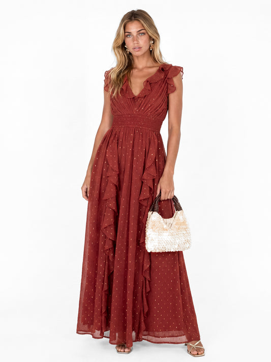 Anaya With Love Recycled Chilli Red Plunge Neck Waterfall Ruffle Maxi Dress