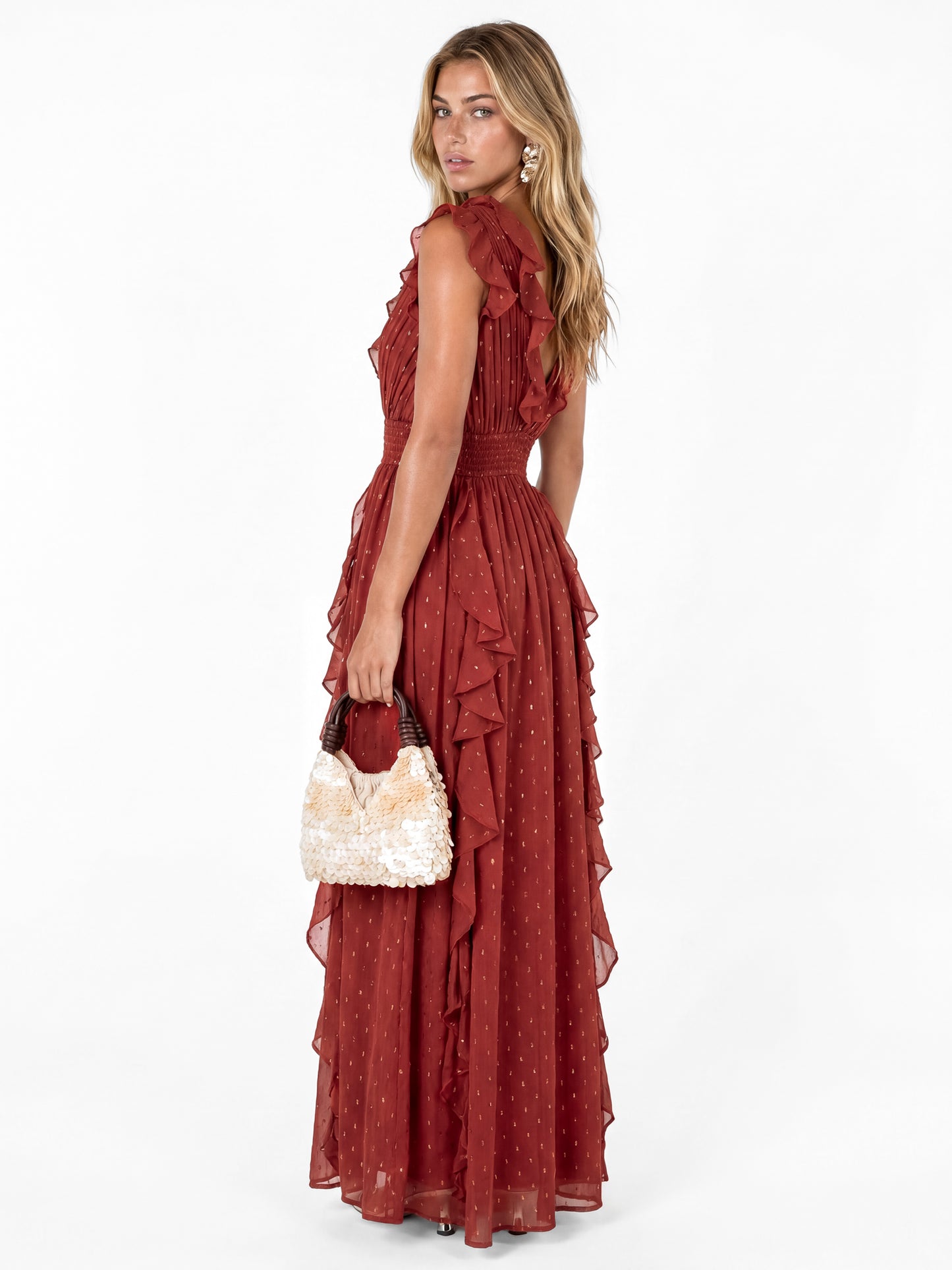 Anaya With Love Recycled Chilli Red Plunge Neck Waterfall Ruffle Maxi Dress