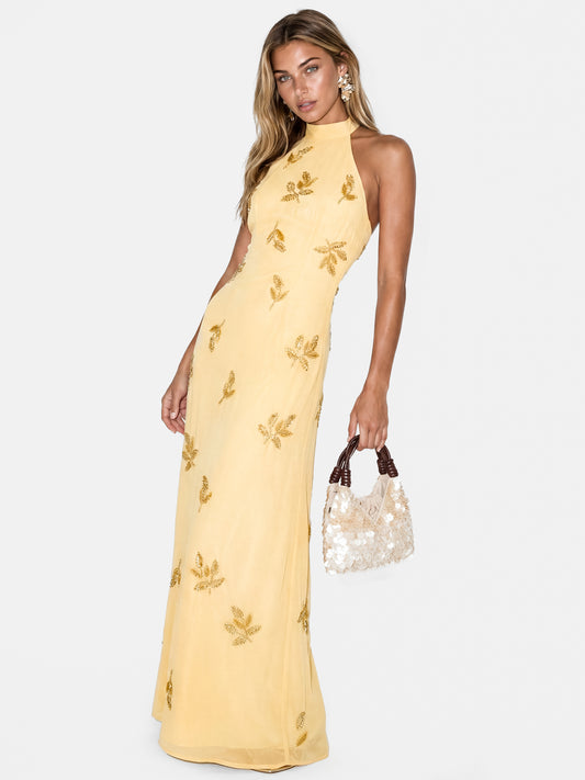 Maya Buttercream Embellished Halter Neck & Open Back Maxi Dress