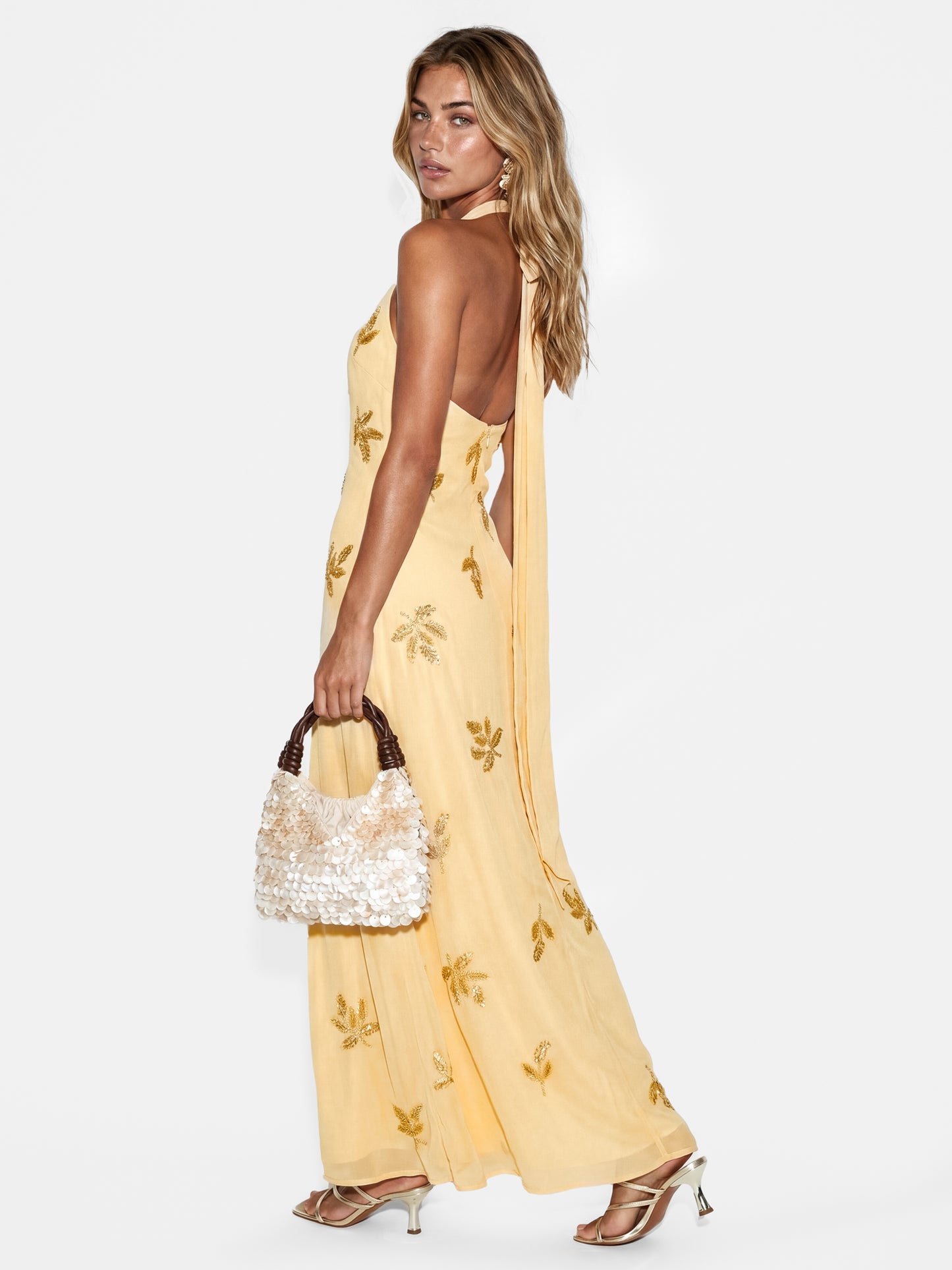 Maya Buttercream Embellished Halter Neck & Open Back Maxi Dress