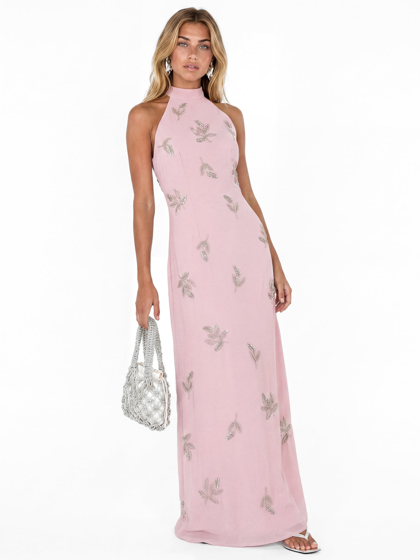 Maya Soft Pink Embellished Halter Neck & Open Back Maxi Dress