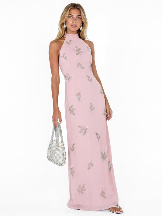 Maya Soft Pink Embellished Halter Neck & Open Back Maxi Dress