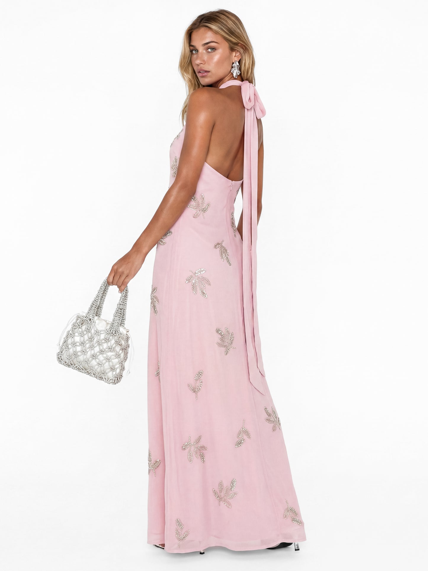 Maya Soft Pink Embellished Halter Neck & Open Back Maxi Dress