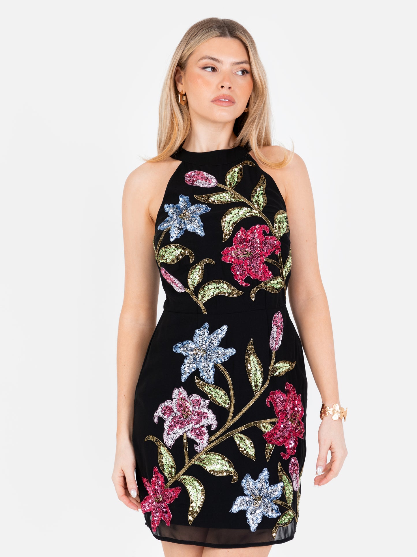 Maya Black Floral Embellished Halter Neck Mini Dress