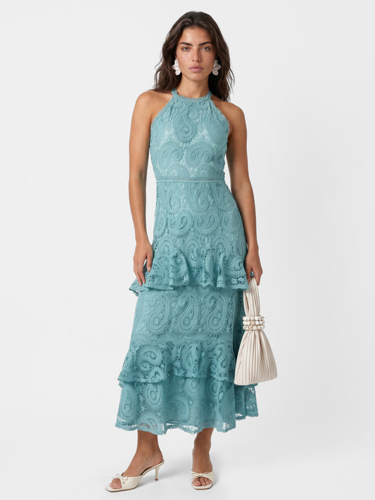 Maya Turquoise Paisley Lace Halter Neck Midaxi Dress