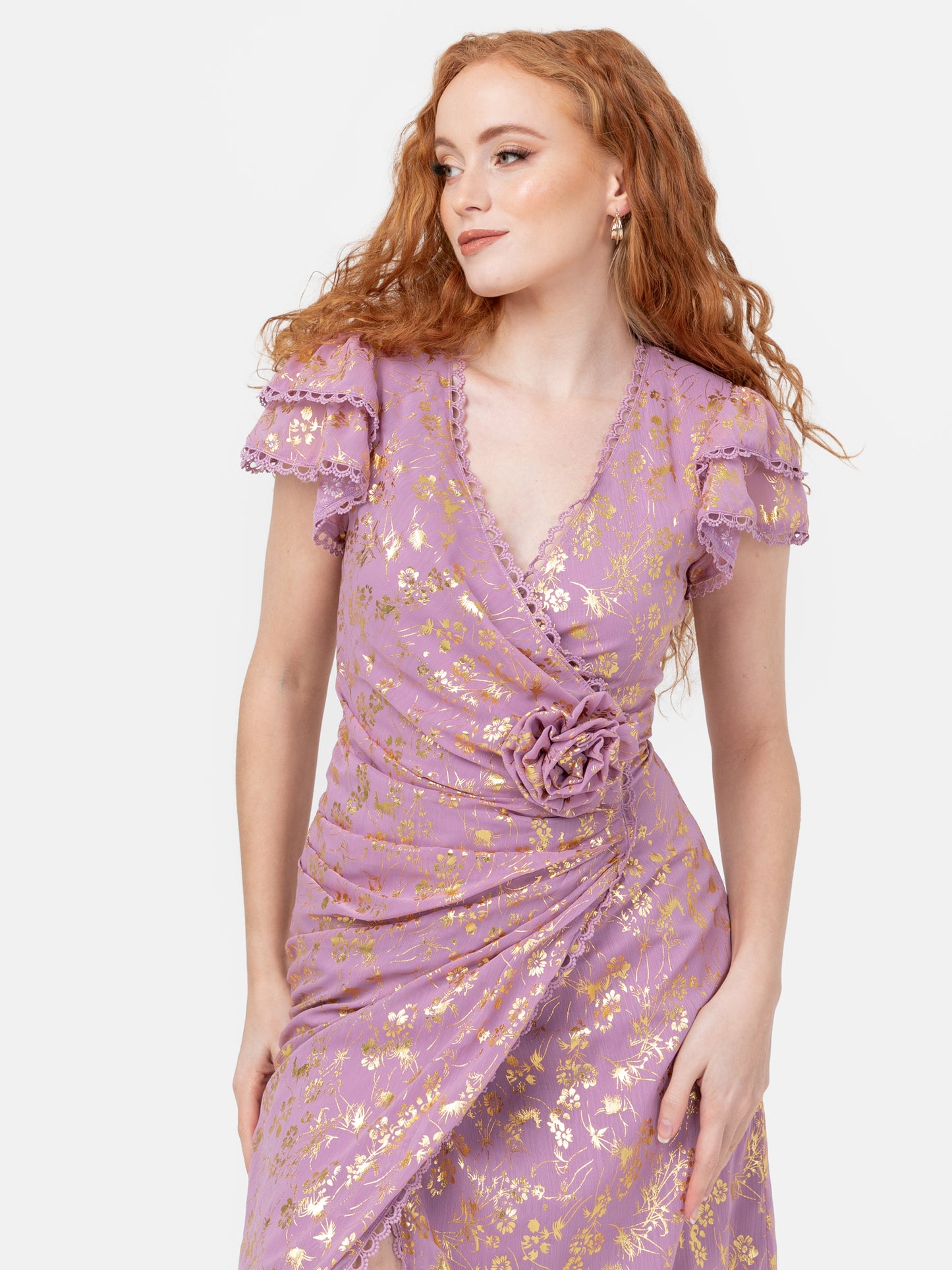 Maya Faux Wrap Maxi Dress with Gold Foil and Corsage Detail