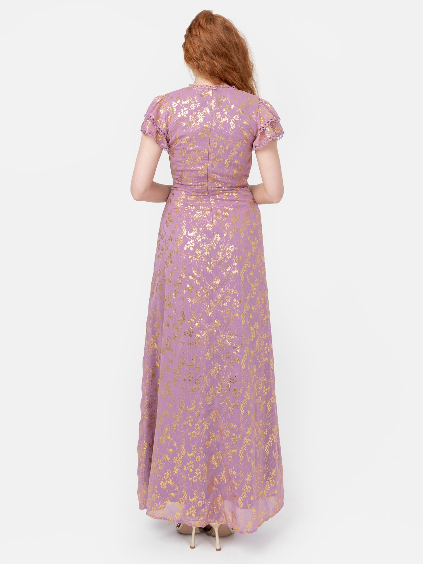 Maya Faux Wrap Maxi Dress with Gold Foil and Corsage Detail