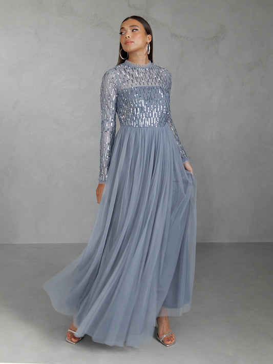 Maya Dusty Blue Linear Embellished Long Sleeve Maxi Dress