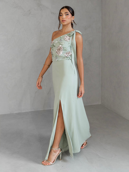 Maya Sage Green Floral Embellished Self-Tie One Shoulder Maxi Dress