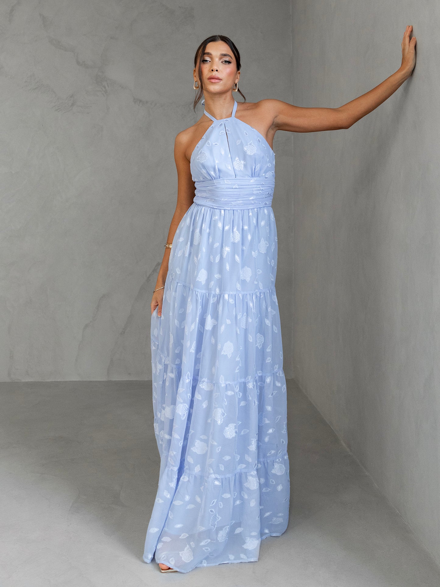 Maya Light Blue Floral Self-Tie Halter Neck Maxi Dress