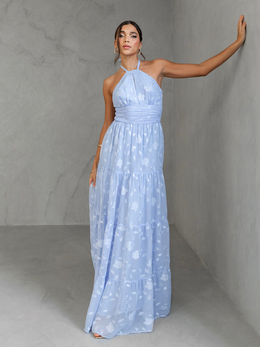 Maya Light Blue Floral Self-Tie Halter Neck Maxi Dress
