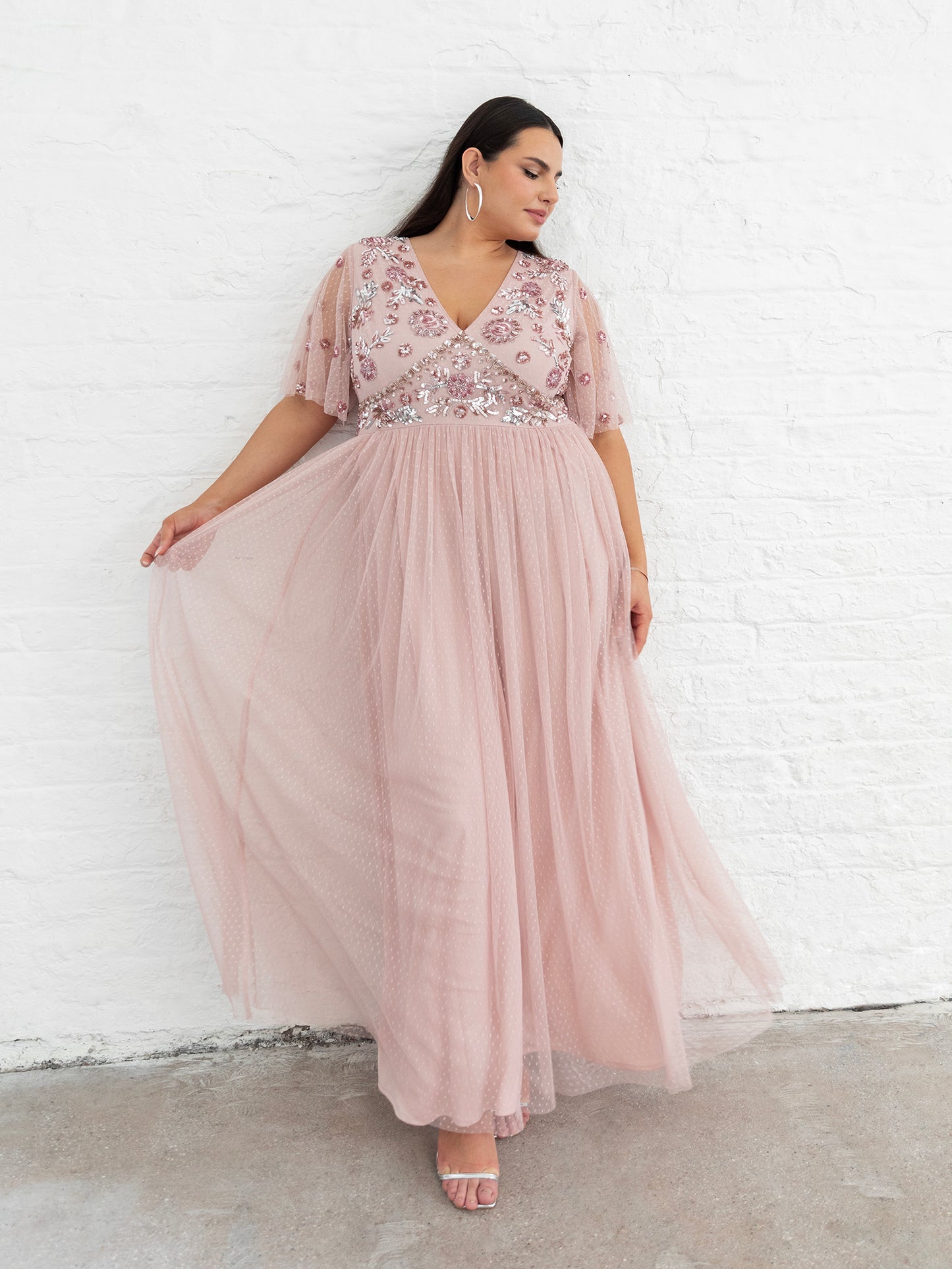 Maya Blush Floral Embellished Spot Mesh Maxi Dress