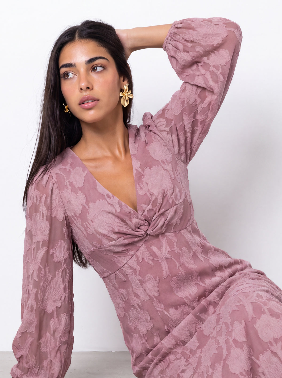 Anaya With Love Recycled Twilight Mauve Floral Burnout Twist Midaxi Dress