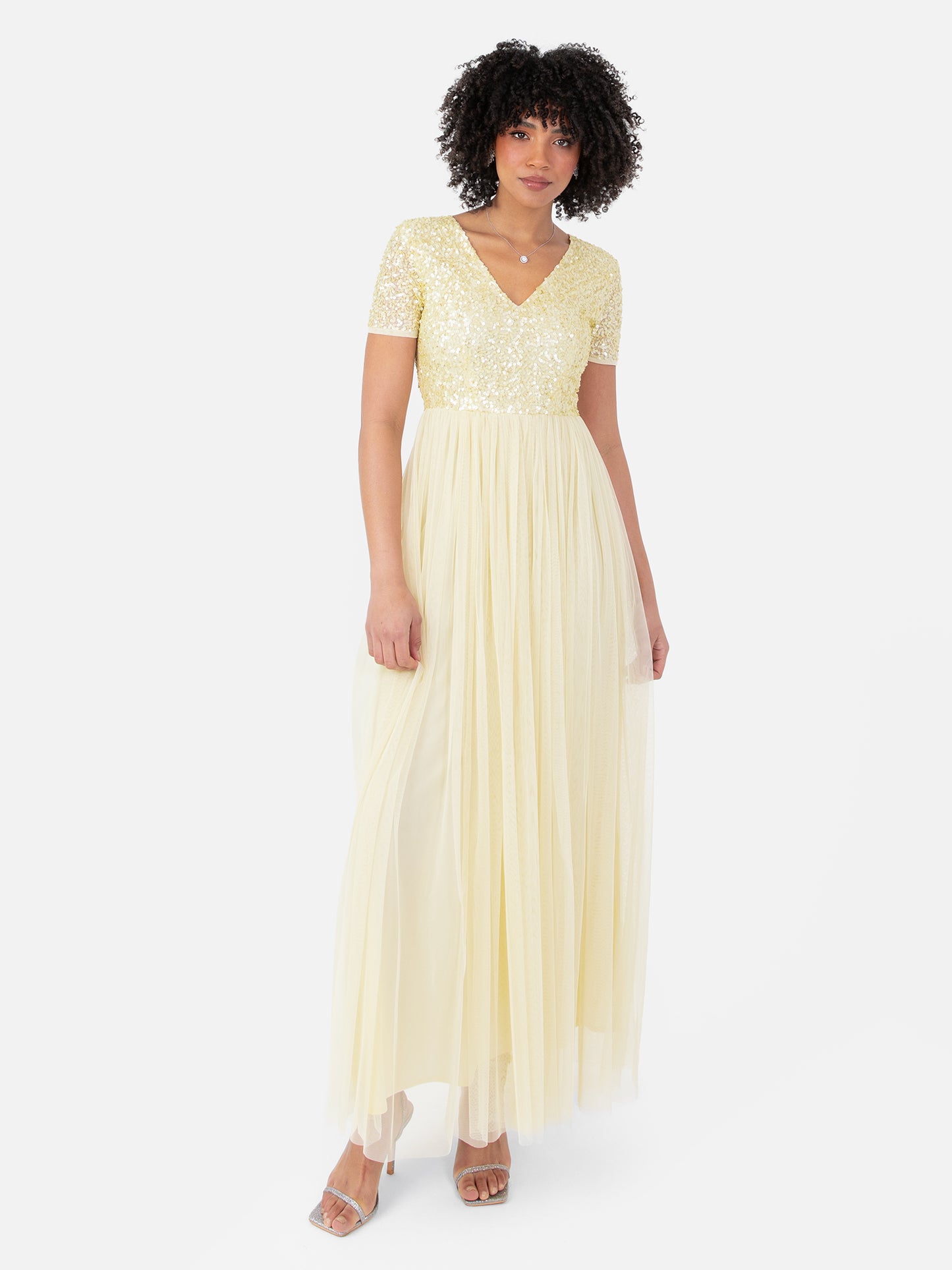 Maya Pale Yellow V Neckline Embellished Maxi Dress