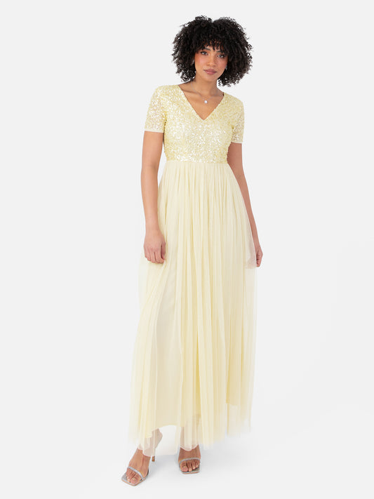 Maya Pale Yellow V Neckline Embellished Maxi Dress