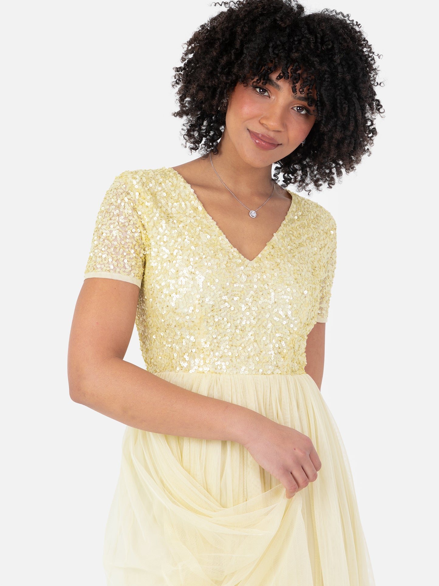 Maya Pale Yellow V Neckline Embellished Maxi Dress