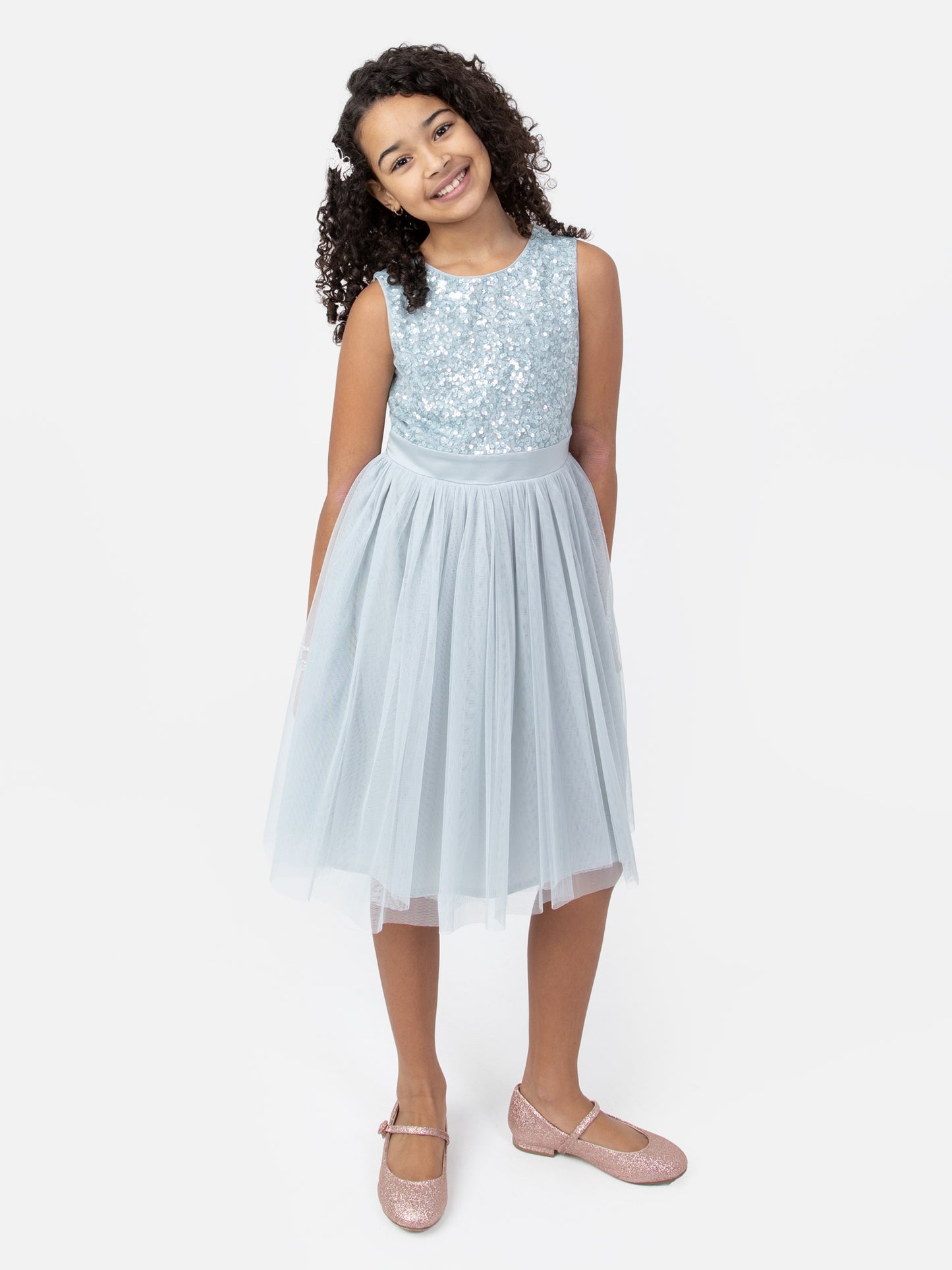 Mini Maya Pale Blue Delicate Sequin Midi Dress With Bow