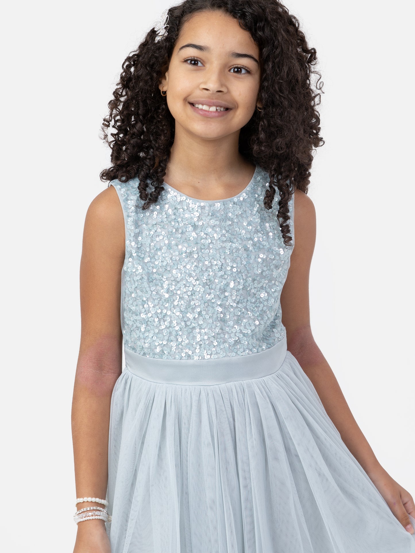Mini Maya Pale Blue Delicate Sequin Midi Dress With Bow