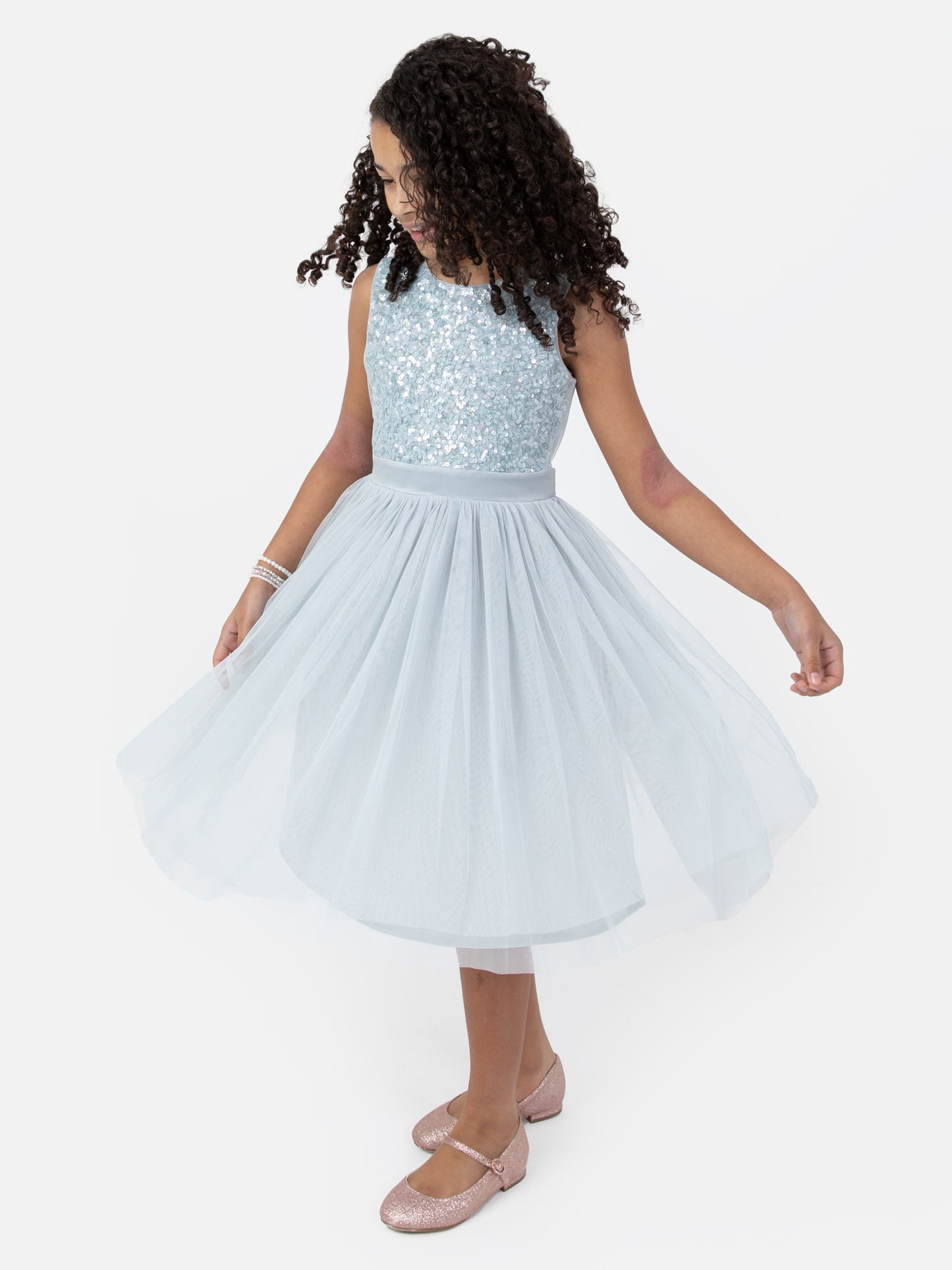 Mini Maya Pale Blue Delicate Sequin Midi Dress With Bow