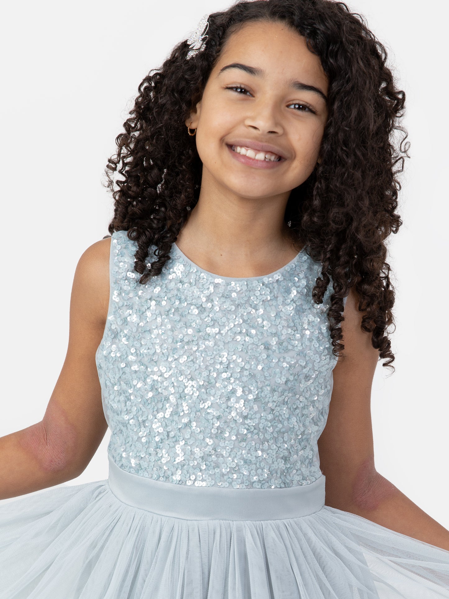 Mini Maya Pale Blue Delicate Sequin Midi Dress With Bow