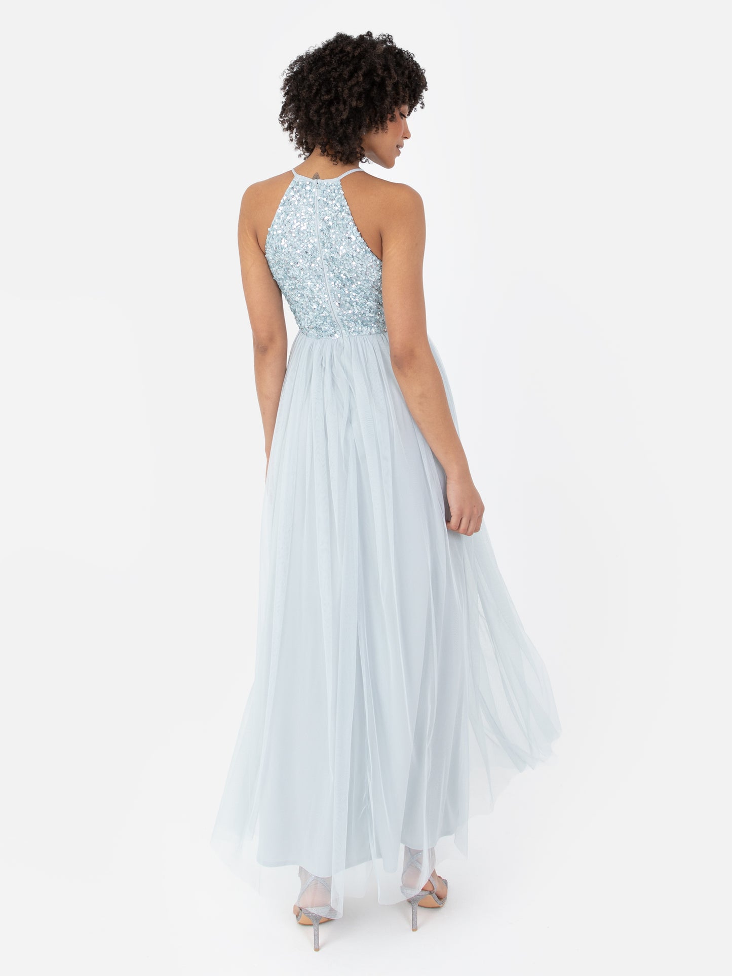 Maya Pale Blue Embellished Halter Neck Maxi Dress