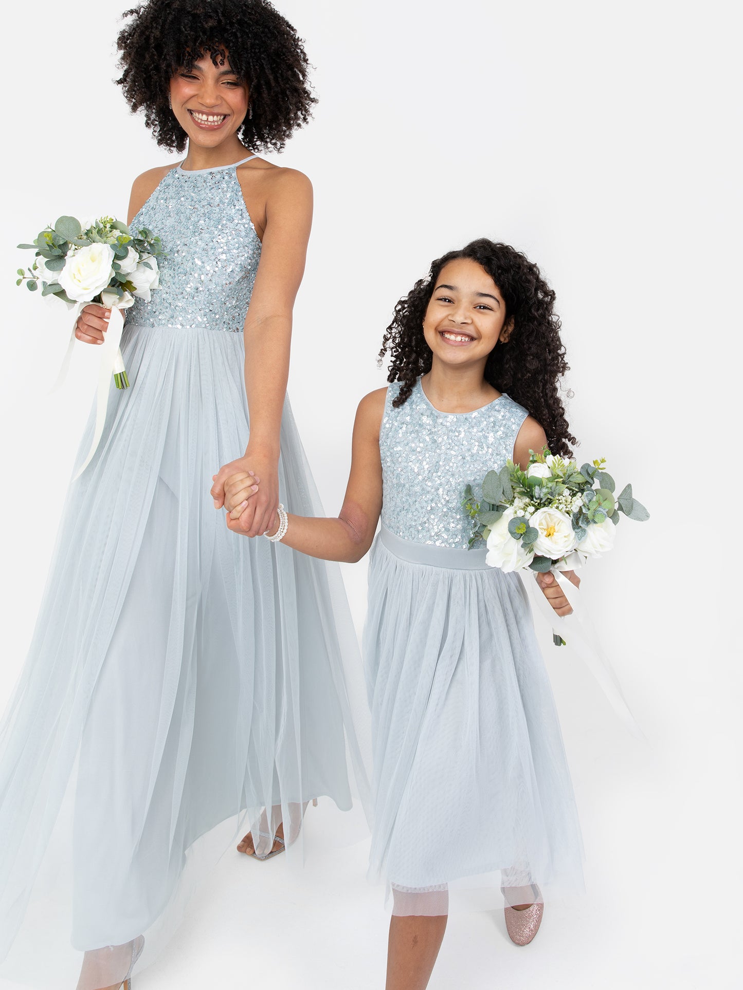 Mini Maya Pale Blue Delicate Sequin Midi Dress With Bow