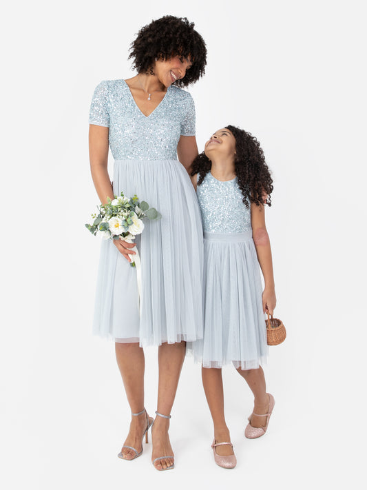 Maya Pale Blue V Neckline Embellished Midi Dress